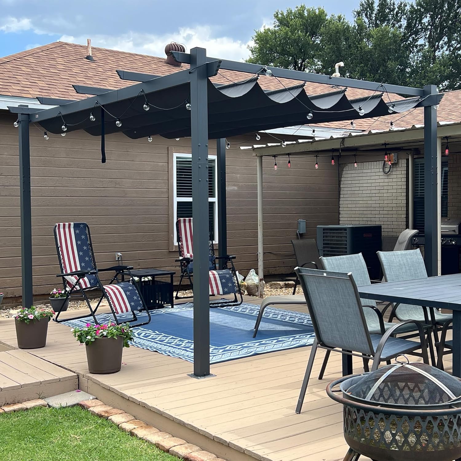 etevert - Pergola LED série - 4x3 m - aluminium, toit rétractable, tissu teinté