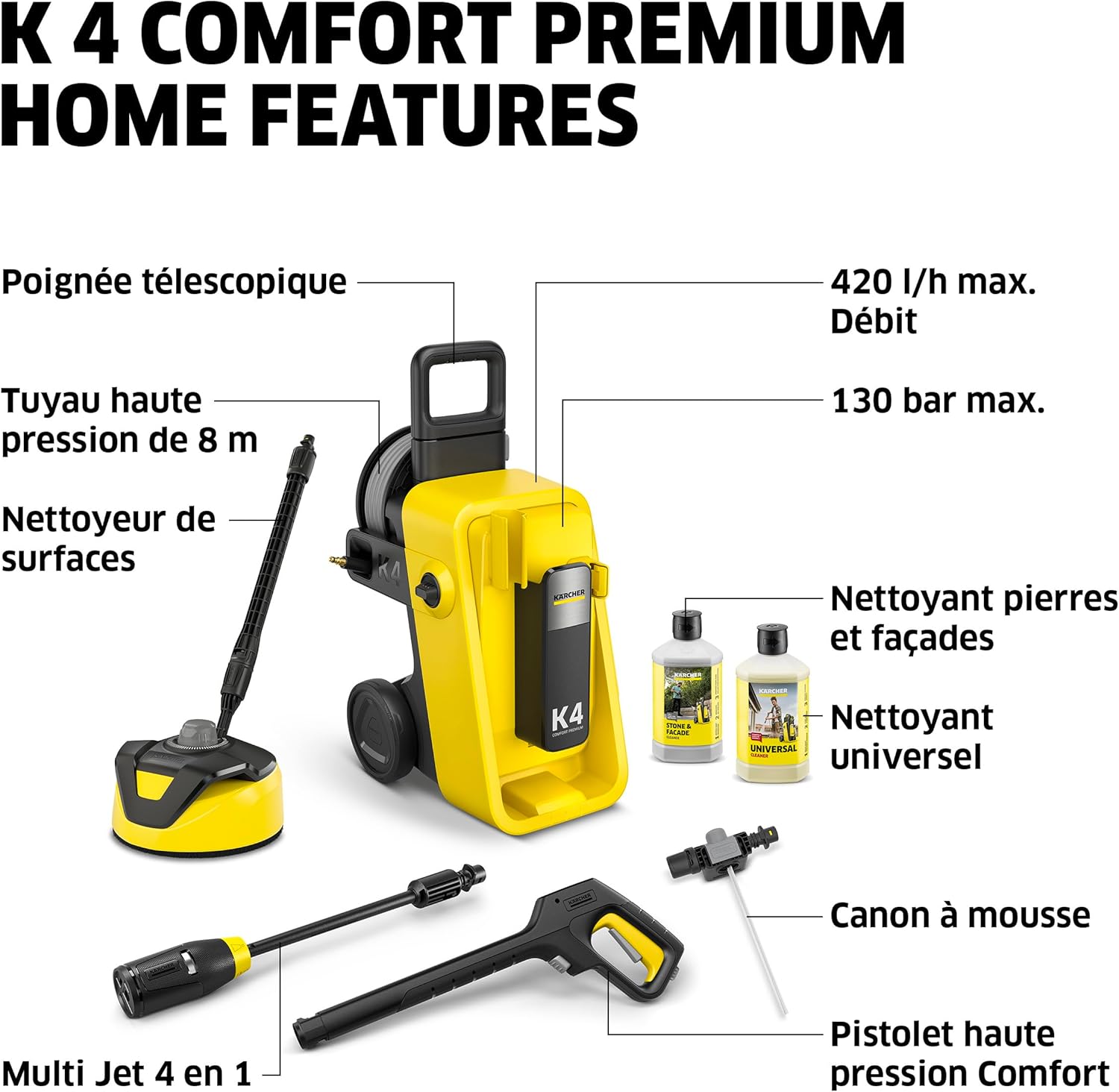 etevert - K 4 Comfort Premium Home - 130 bar, 420 l/h, 30 m²/h, enrouleur, 4 jets