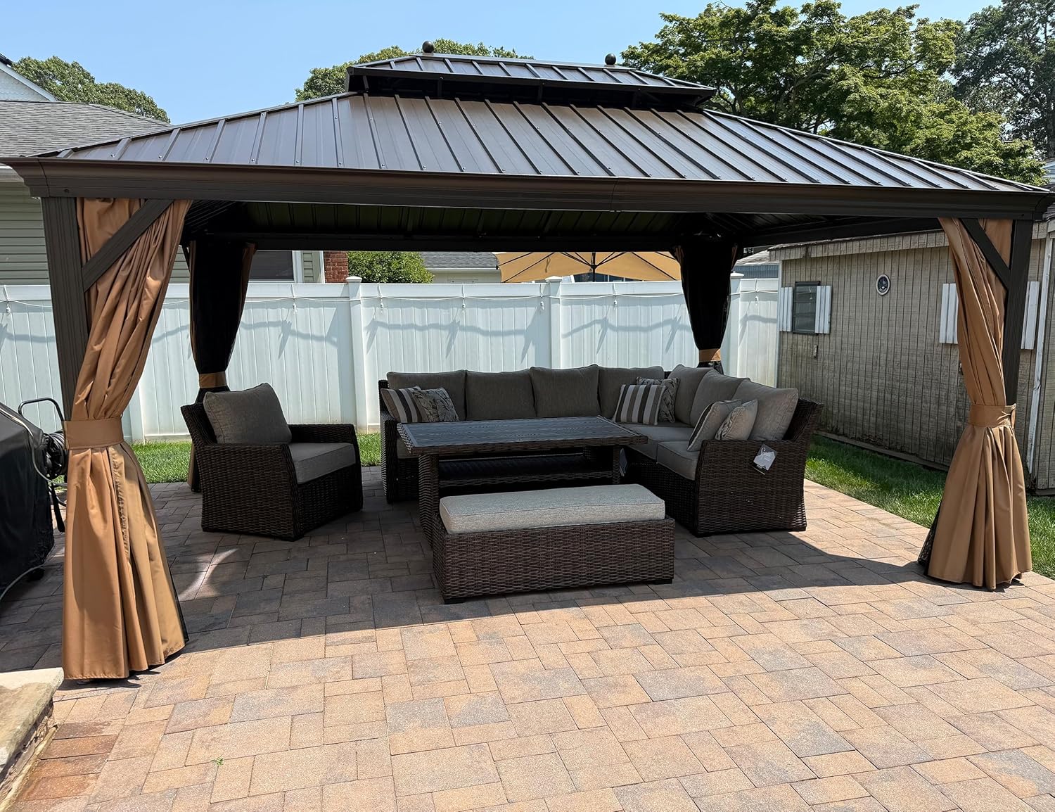 etevert - Tonnelle aluminium série éclairée - 4,85x3,65 m - gouttière, rideaux moustiquaires, poteaux renforcés, bro