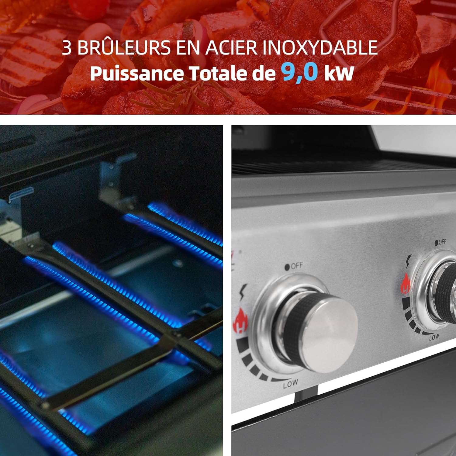 etevert – BBQ Gaz 3 brûleurs – 9kW – chariot, capot, grilles, jardin