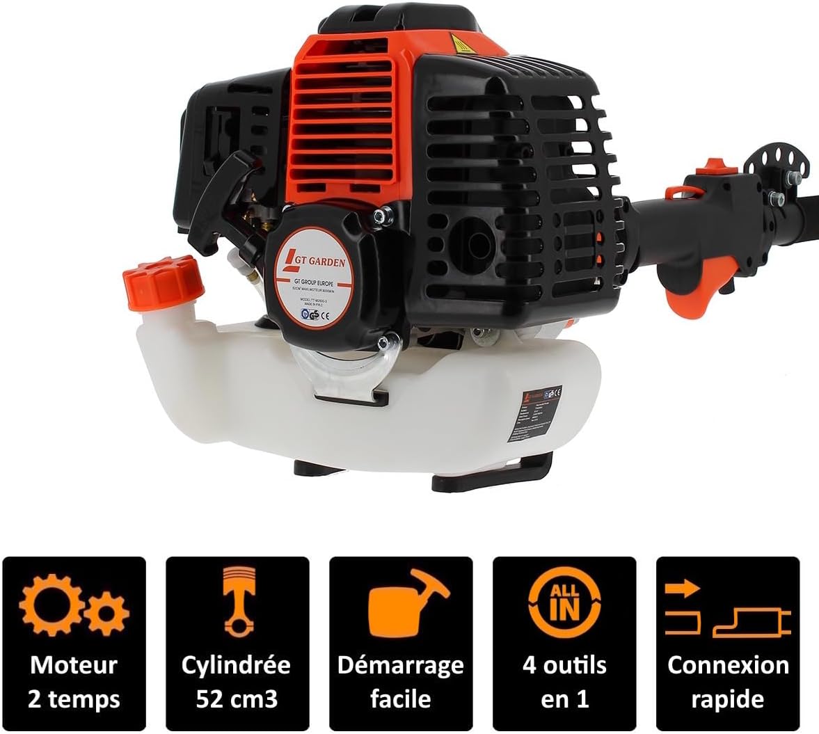 etevert - outil multifonction thermique 4 en 1 - 52cc - tronçonneuse, débroussailleuse, taille-haies