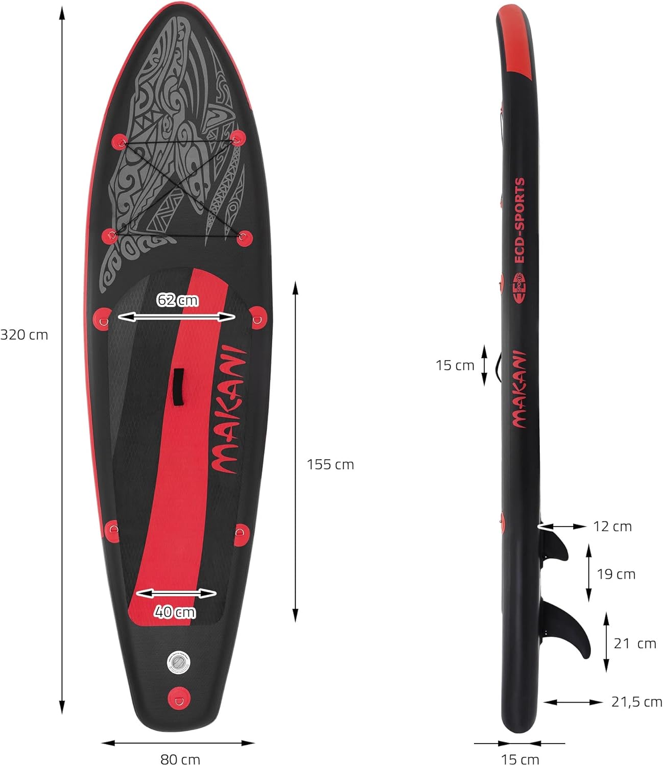etevert - Stand Up Paddle Board - 305/308/320/380 cm - PVC, 120/150 kg, 10/15 cm d'épaisseur