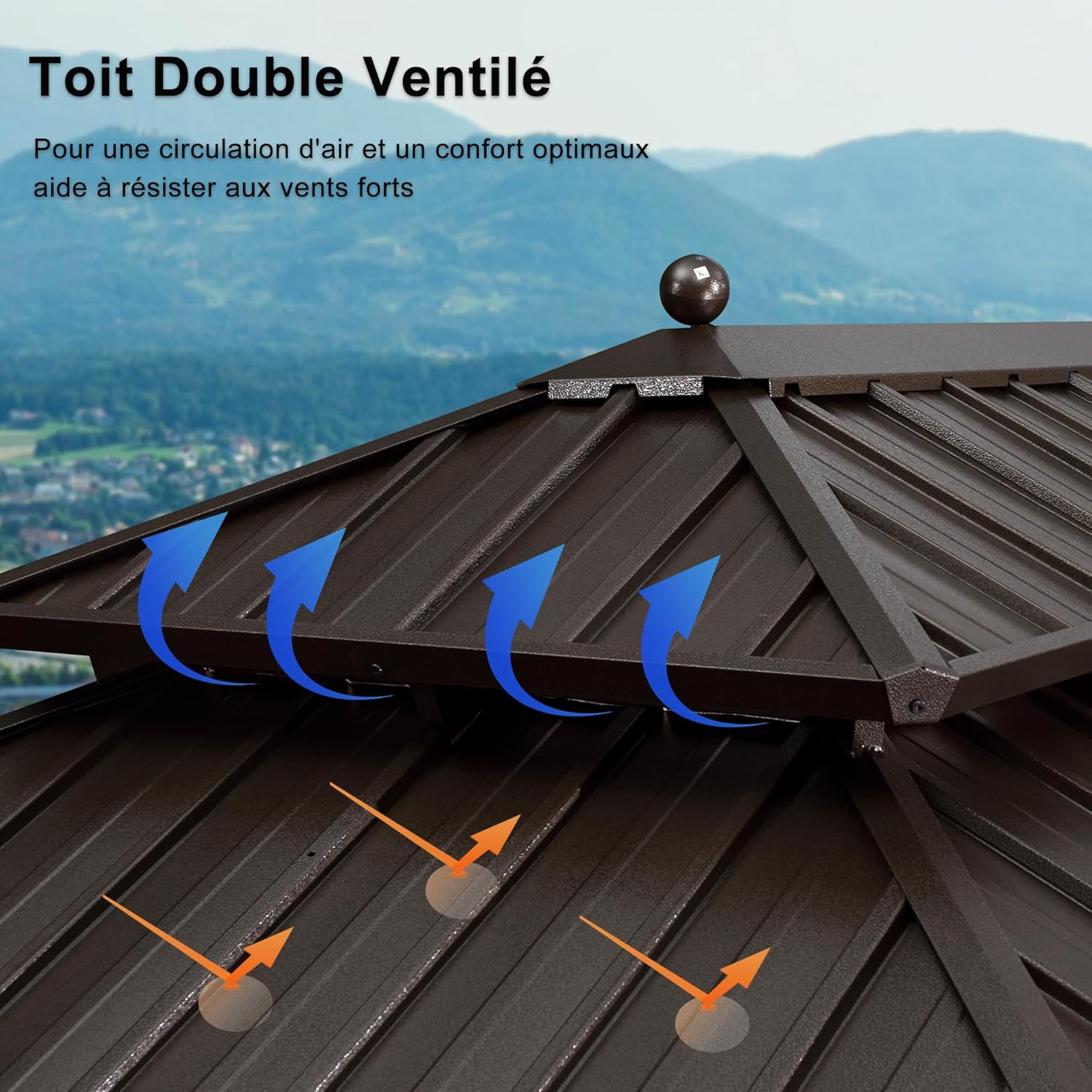 etevert - tonnelle jardin extérieur - 6x3,65m - alu, éclairage, rideaux, gouttière, poteaux renforcés, bronze