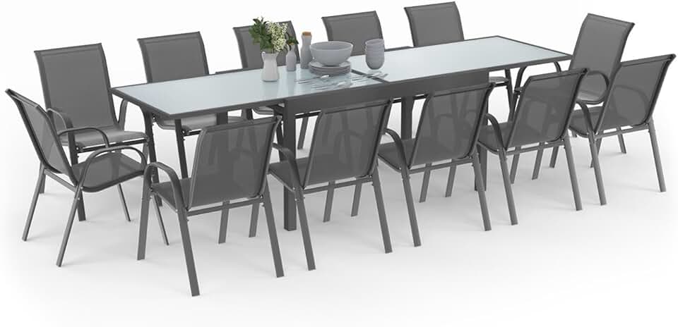 etevert - Madrid salon jardin, table extensible 135-270 cm, 12 chaises empilables, gris anthracite