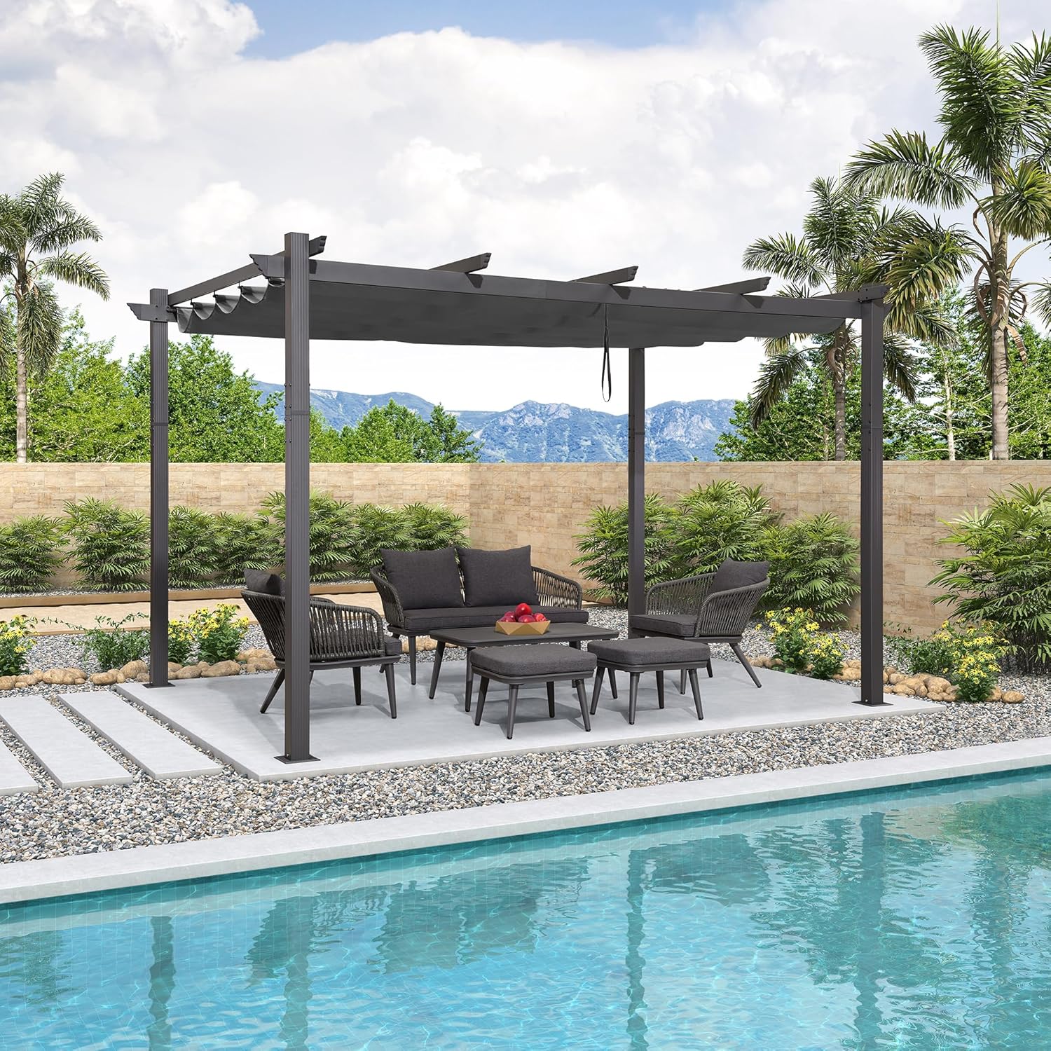 etevert - Pergola aluminium, 3,65x3m, toile coulissante, gris