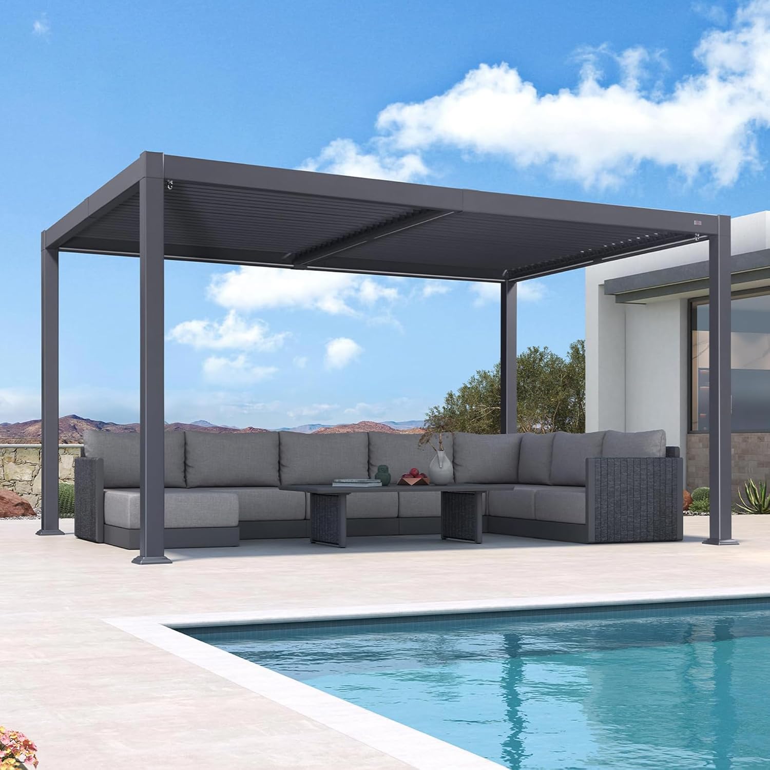 etevert - Pergola aluminium bioclimatique - 3 x 4,25 m - Lames orientables, LED, étanche