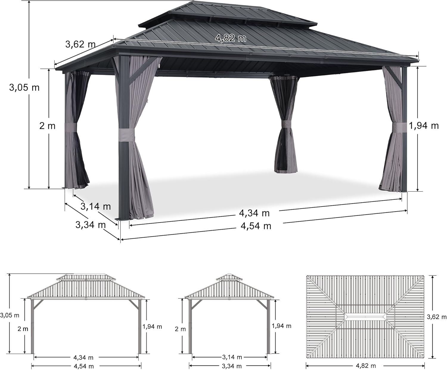 etevert - pergola série double toit - 4,85x3,65 m - alu acier, rideaux, moustiquaire