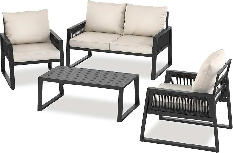 etevert - Salon jardin alu 4 places, canapé, fauteuils, table, coussins inclus