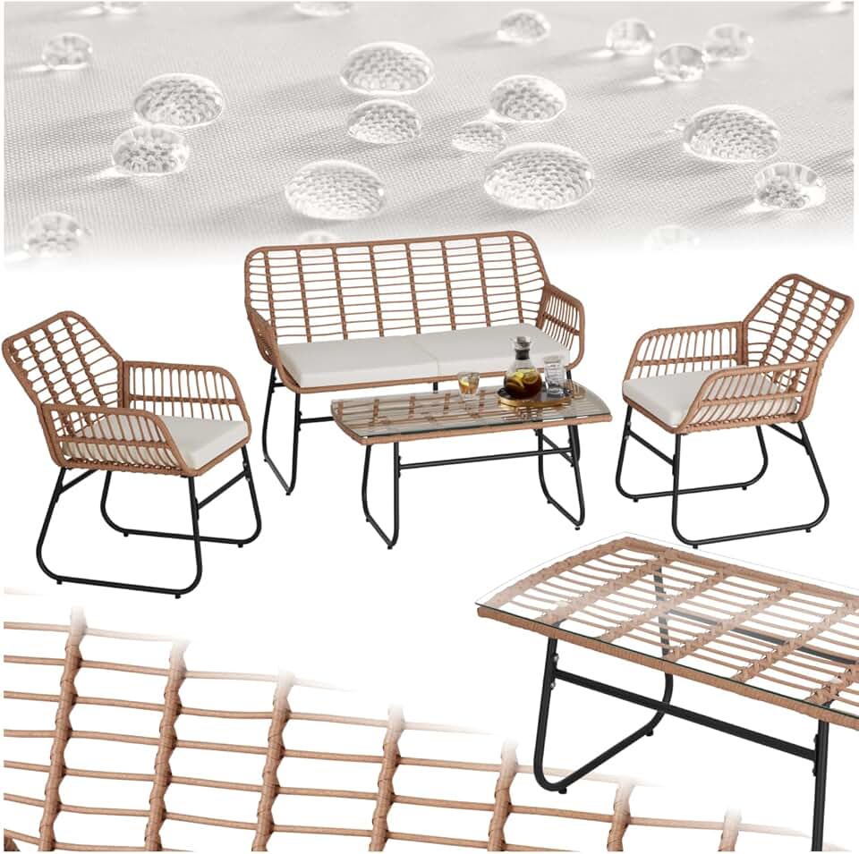 etevert - salon de jardin poly rotin 4 pcs, coussins, plateau verre 401206