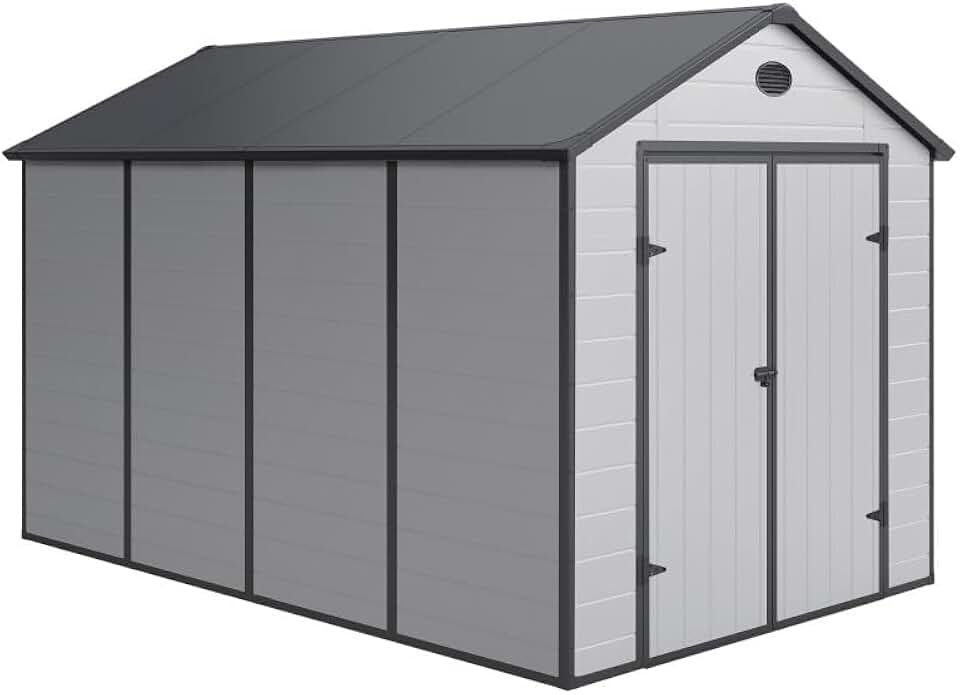 etevert - abri de jardin résine gris 8,9m², double pente, kit fondation