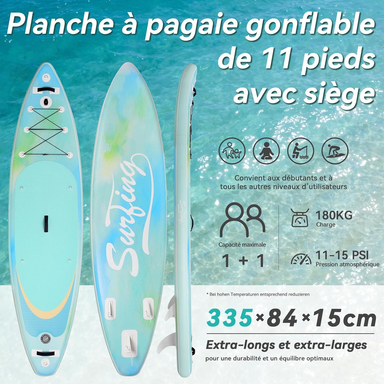 etevert - paddle gonflable adulte - 320/335cm - 2 places, siège kayak, pagaie alu, support caméra, pompe, 150 kg