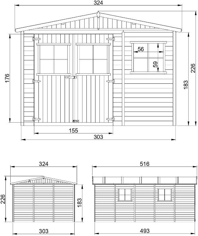Abri de Jardin en Bois Naturel - Stockage extérieur avec fenêtres- H226x324x516 cm/15 m² Hangar en Bois Naturel - Atelier Rangement Outils et vélos- etevert M337