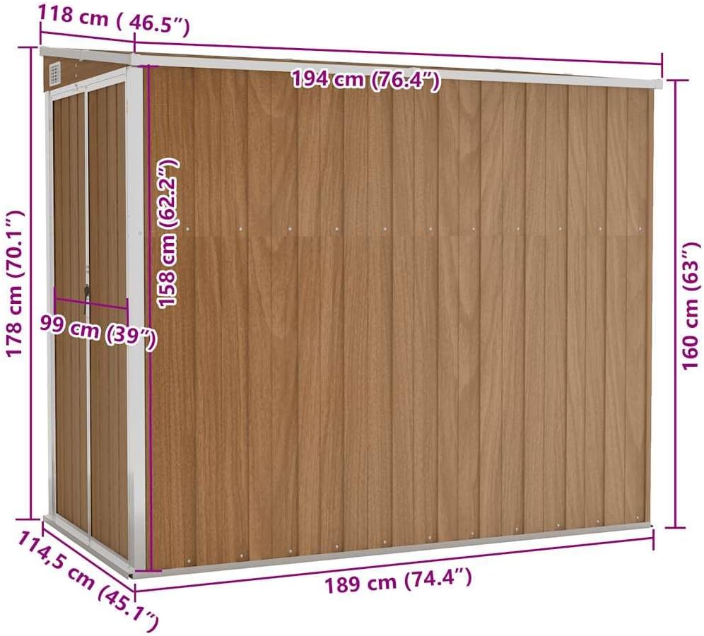 etevert Abri de Jardin Mural Marron 118x194x178 cm Acier galvanisé, Maison & Jardin, Pelouses & Jardins, Vie en extérieur, Structures extérieures, Cabanes & abris de Jardin, Brun, (Poids 31.54KG)