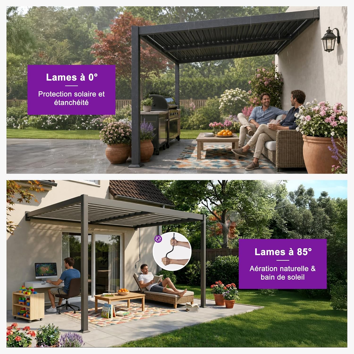 etevert - Pergola bioclimatique adossée - 2,5x3 m - aluminium, lames orientables, résistante intempéries