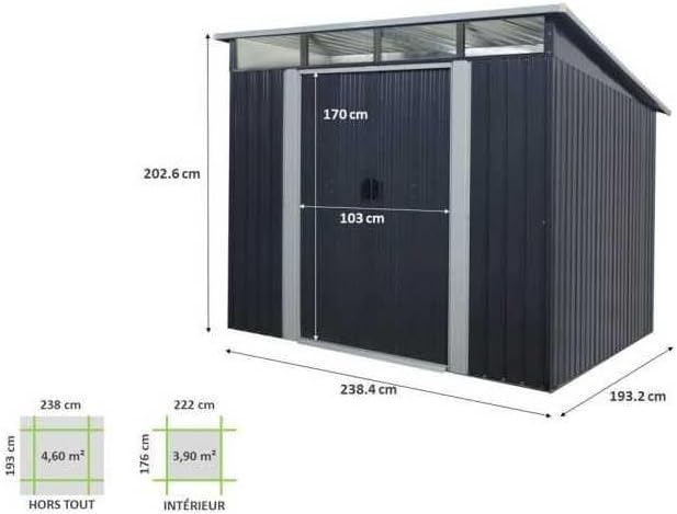 etevert Abri de Jardin en métal 4,59m² - 2 Portes coulissantes - Gris Anthracite