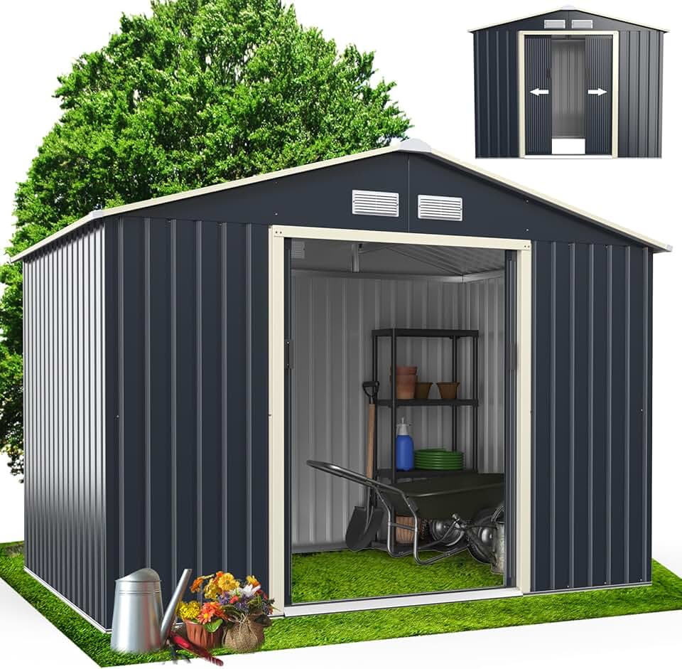 etevert Abri de Jardin Métal 5m2 avec Porte Coulissante Toit en Pente, Cabane de Jardin Extérieur 277x192x202cm Bricolage Rangement Cananon de Jardin résistant aux intempéries