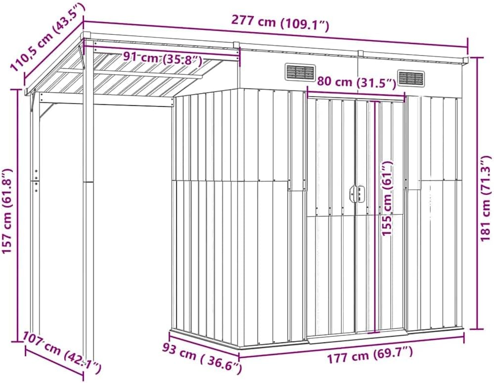etevert Abri de Jardin avec Toit prolongé Vert 277x107x181 cm Acier, Maison & Jardin, Pelouses & Jardins, Vie en extérieur, Structures extérieures, Cabanes & abris de Jardin, Vert, (Poids 41.56KG)