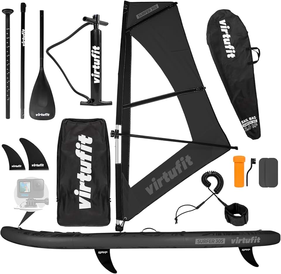 etevert Planche de SUP Surfer 305 gonflable avec voile de planche à voile, planche de stand up paddle noire, accessoires, pagaie, pompe, sac de transport, support GoPro, débutant à avancé, 305 x 81 x