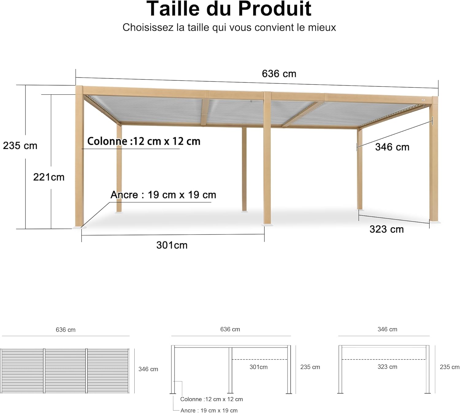 etevert - Pergola Bioclimatique bois effet alu - 3,5x6,35m - lames orientables, imperméable, extérieur