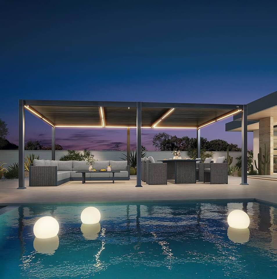 etevert - pergola bioclimatique - 3,5x6,35m - lames LED alu gris
