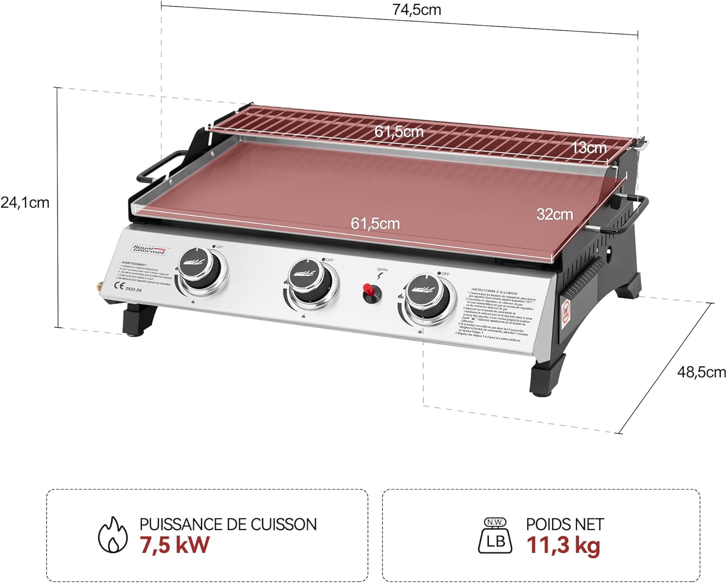 etevert - Plancha gaz inox 3 brûleurs 61,5x32cm, 7,5kW, usage extérieur