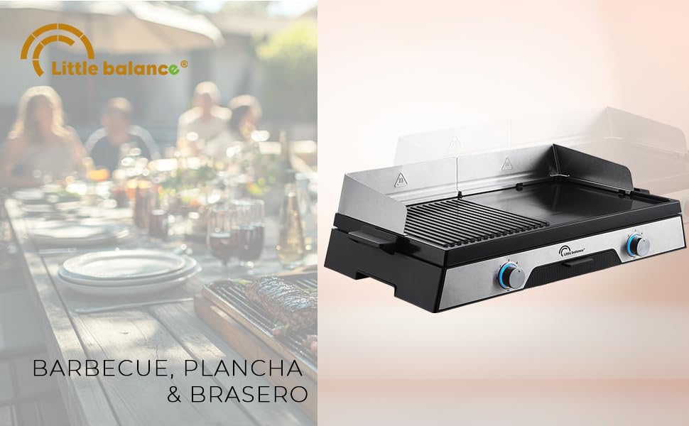 Le texte indique « BARBECUE, PLANCHA & etevert » avec logo. Plaque chauffante de table noire ou grill portable avec panneau de commande affiché sur le plan de travail.