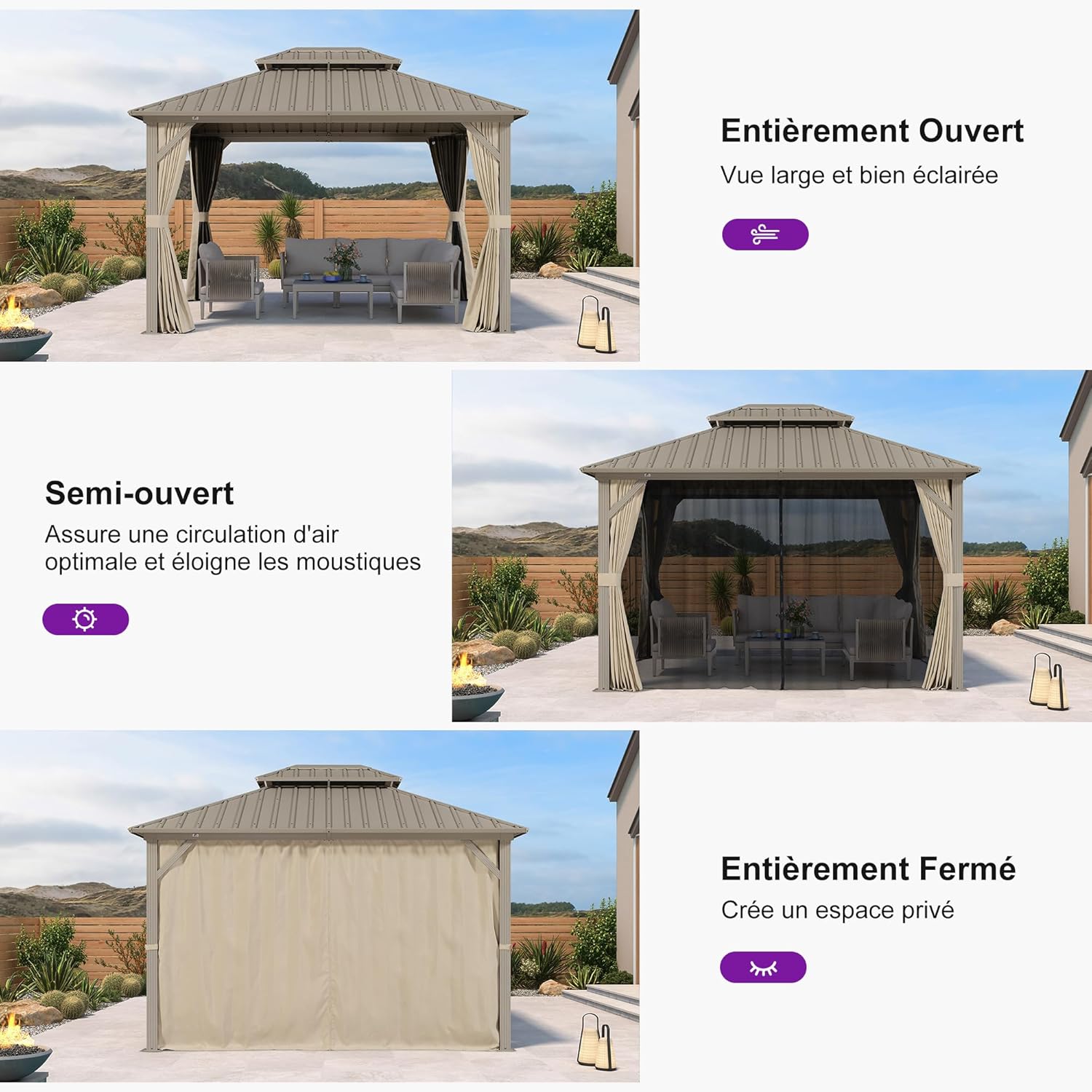 etevert - pergola aluminium - 3,65x3m - double toit, moustiquaire, rideaux