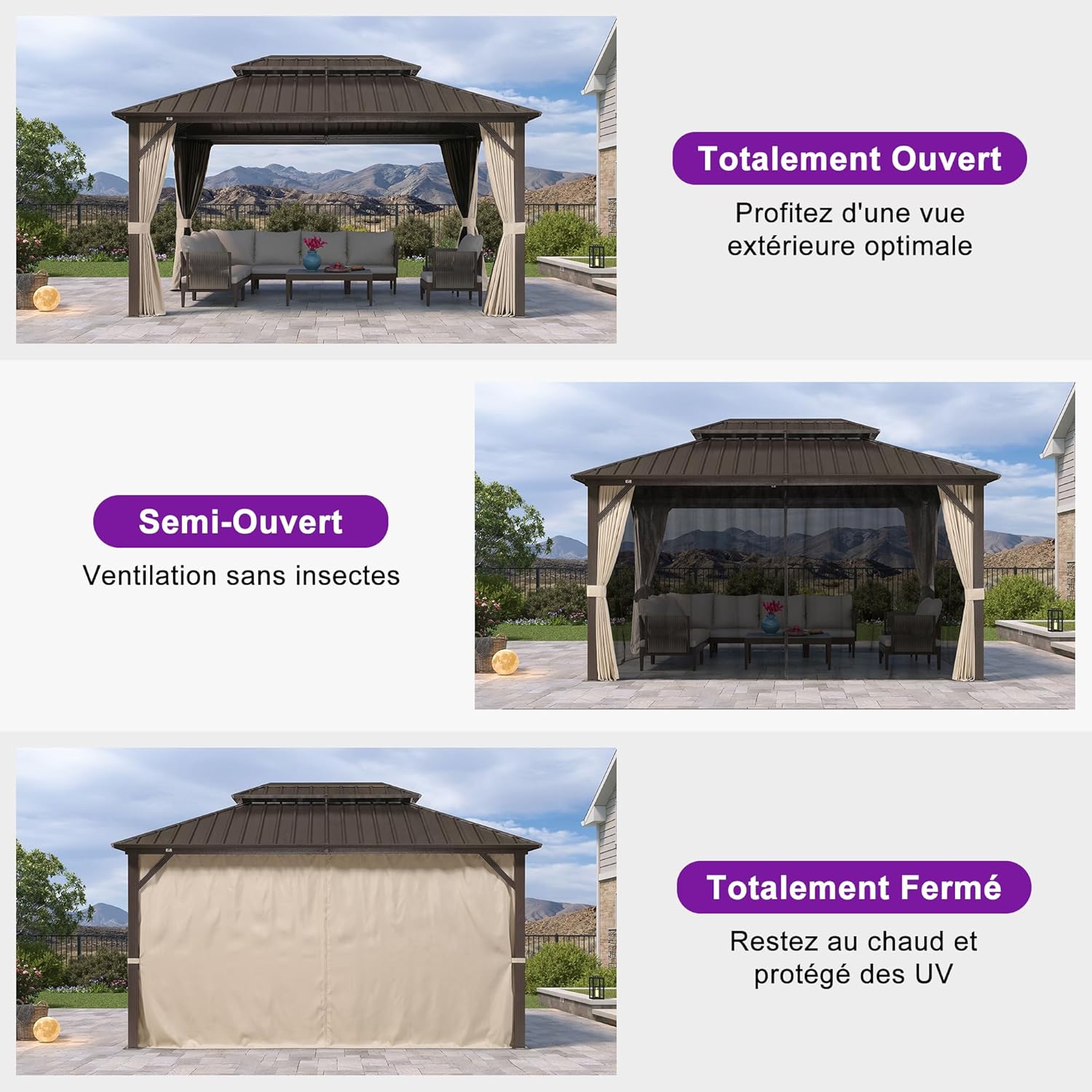 etevert - Pergola toit rigide - 4,25x3m - acier, aluminium, guirlande