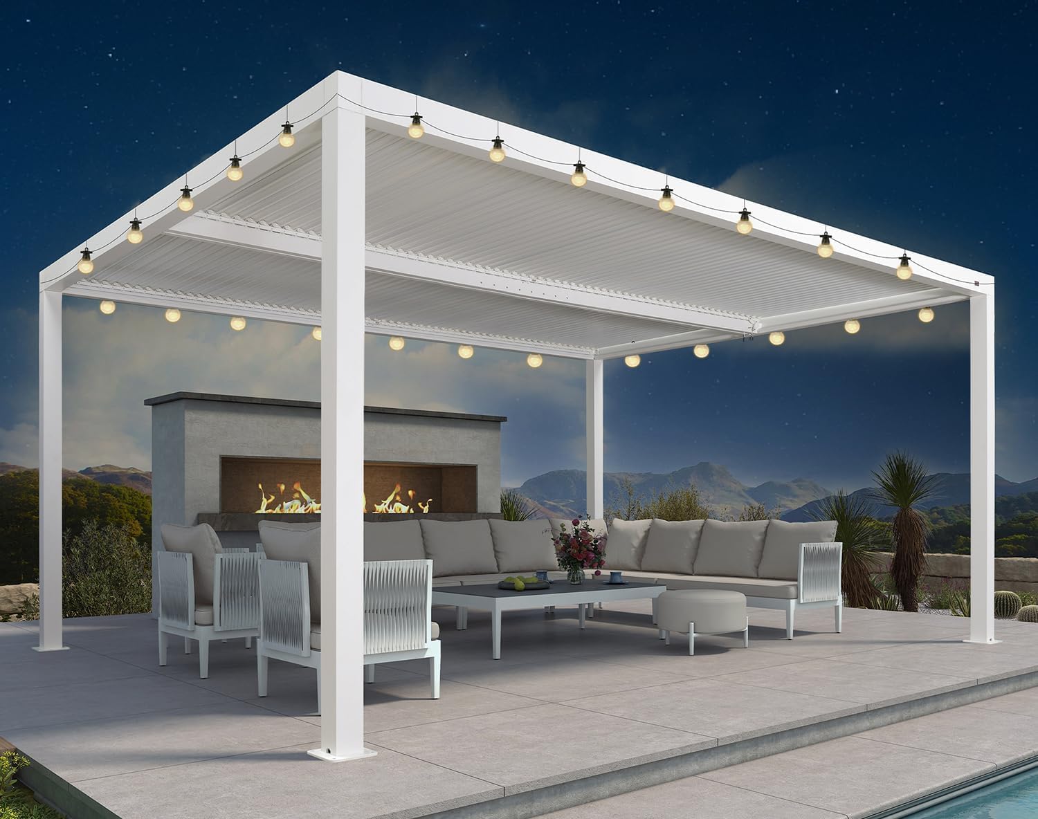 etevert - Pergola bioclimatique - 4,8x3,68m - lames orientables, éclairage intégré, aluminium, blanc