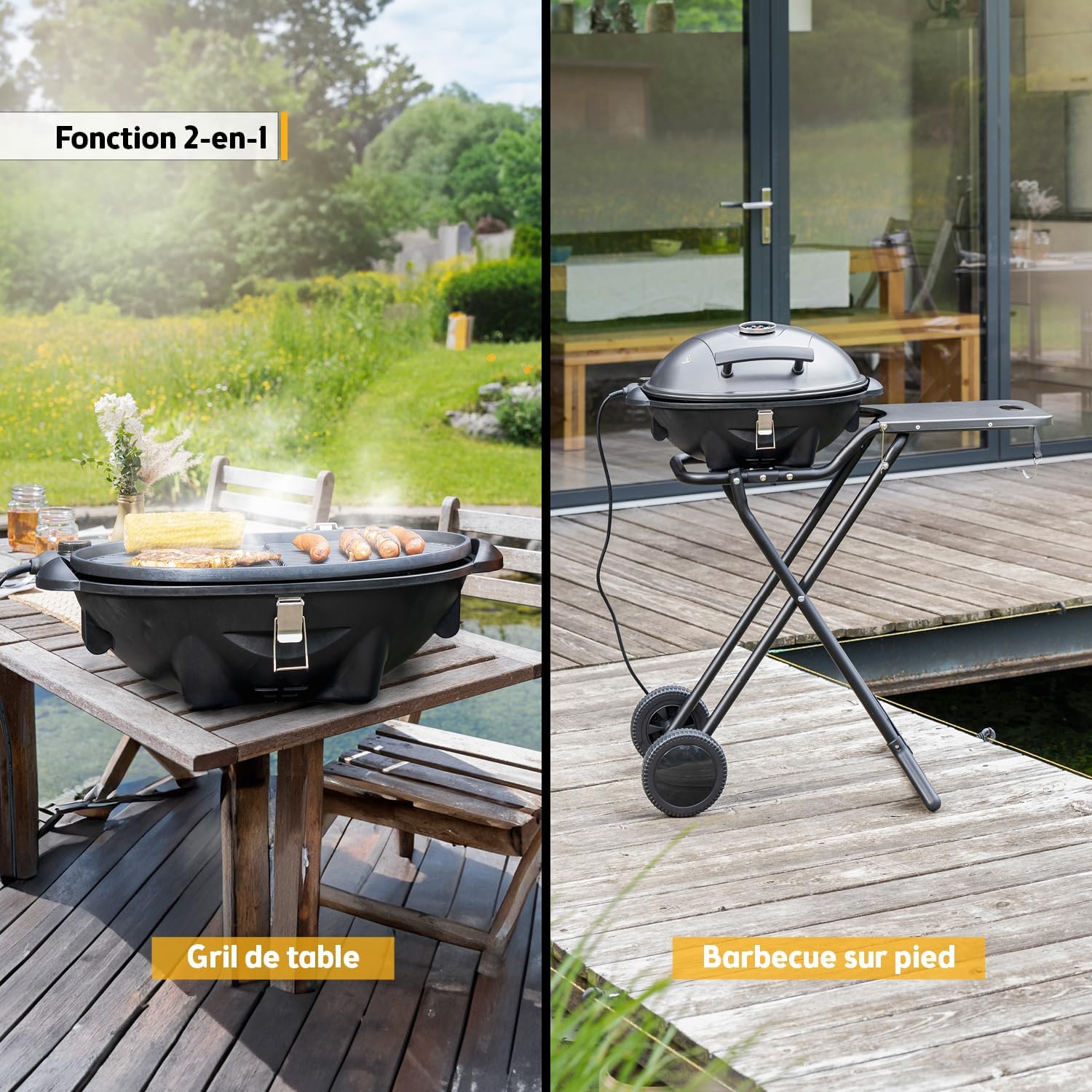 etevert - Barbecue 2-en-1 pliable 2400W, couvercle, chariot, thermomètre - TZSFA5350-6
