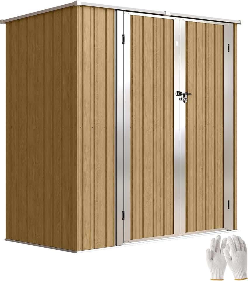 etevert Abri de Jardin d'extérieur 1,37 m², 163 x 89 x 163 cm, abri de Jardin métallique d'extérieur avec Toit en Pente, Portes à loquet et poignées pour Le Rangement des Outils, Marron Clair