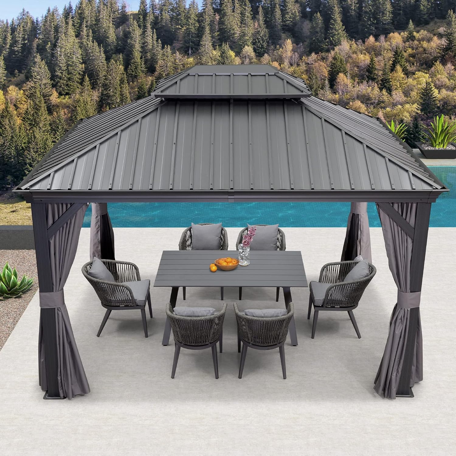 etevert - pergola double toit acier 4x3m, moustiquaire, rideaux