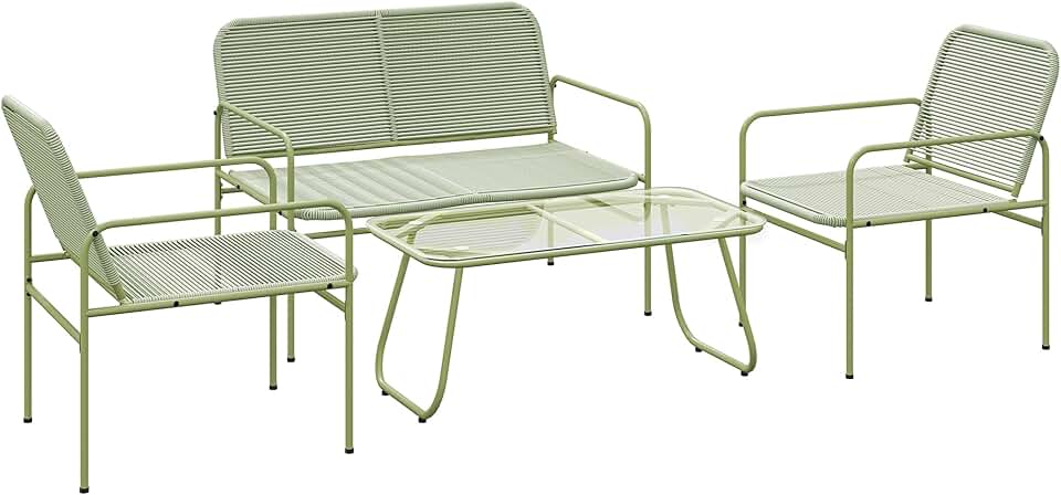 etevert - salon de jardin 4 places acier résine vert - canapé, fauteuils, table