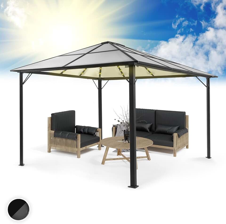 etevert - Pergola aluminium série Jardin - 3x4m - toit polycarbonate rigide, éclairage LED, verre translucide