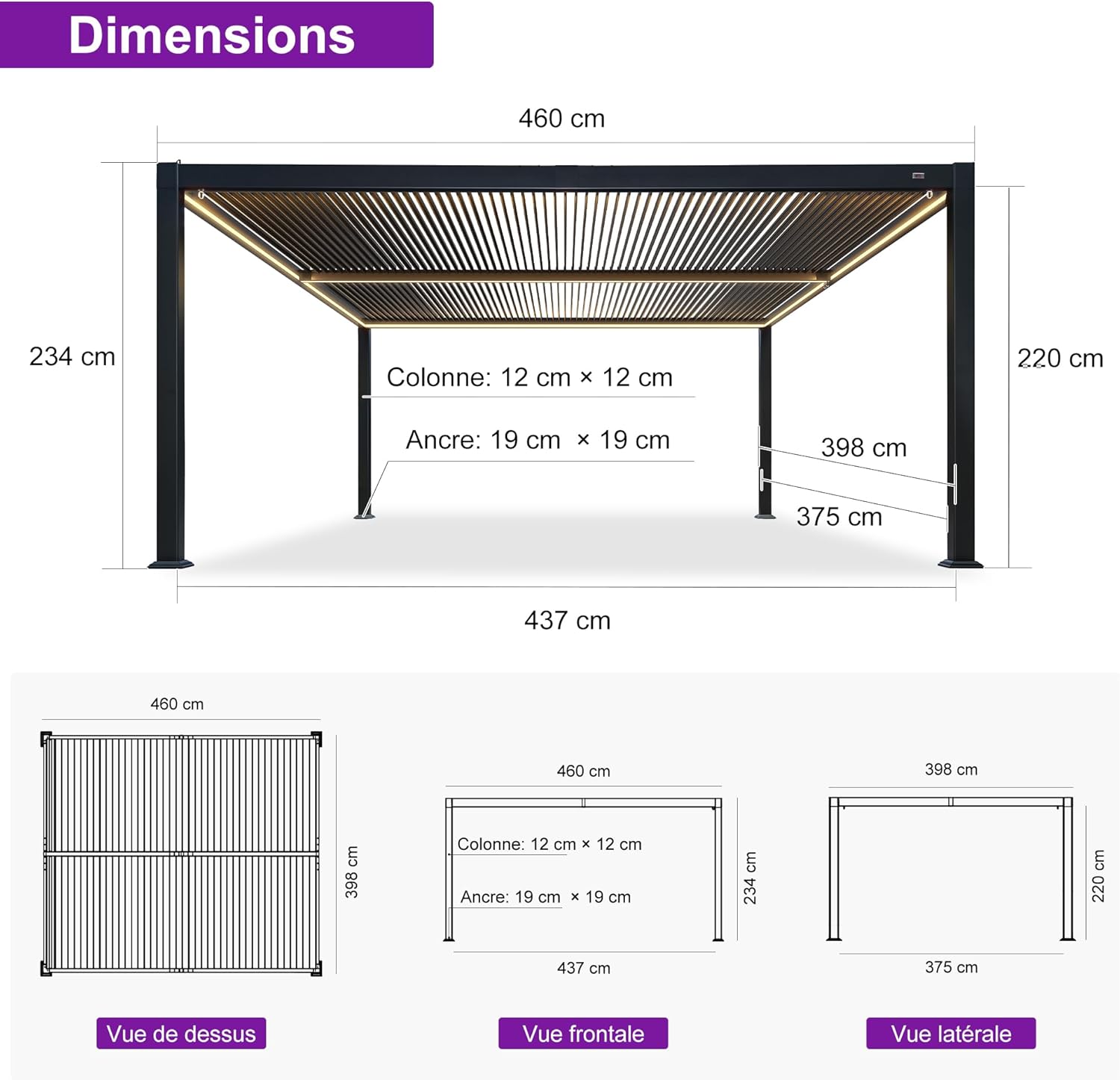 etevert - Pergola bioclimatique alu 4x4.6m, lames LED, durable