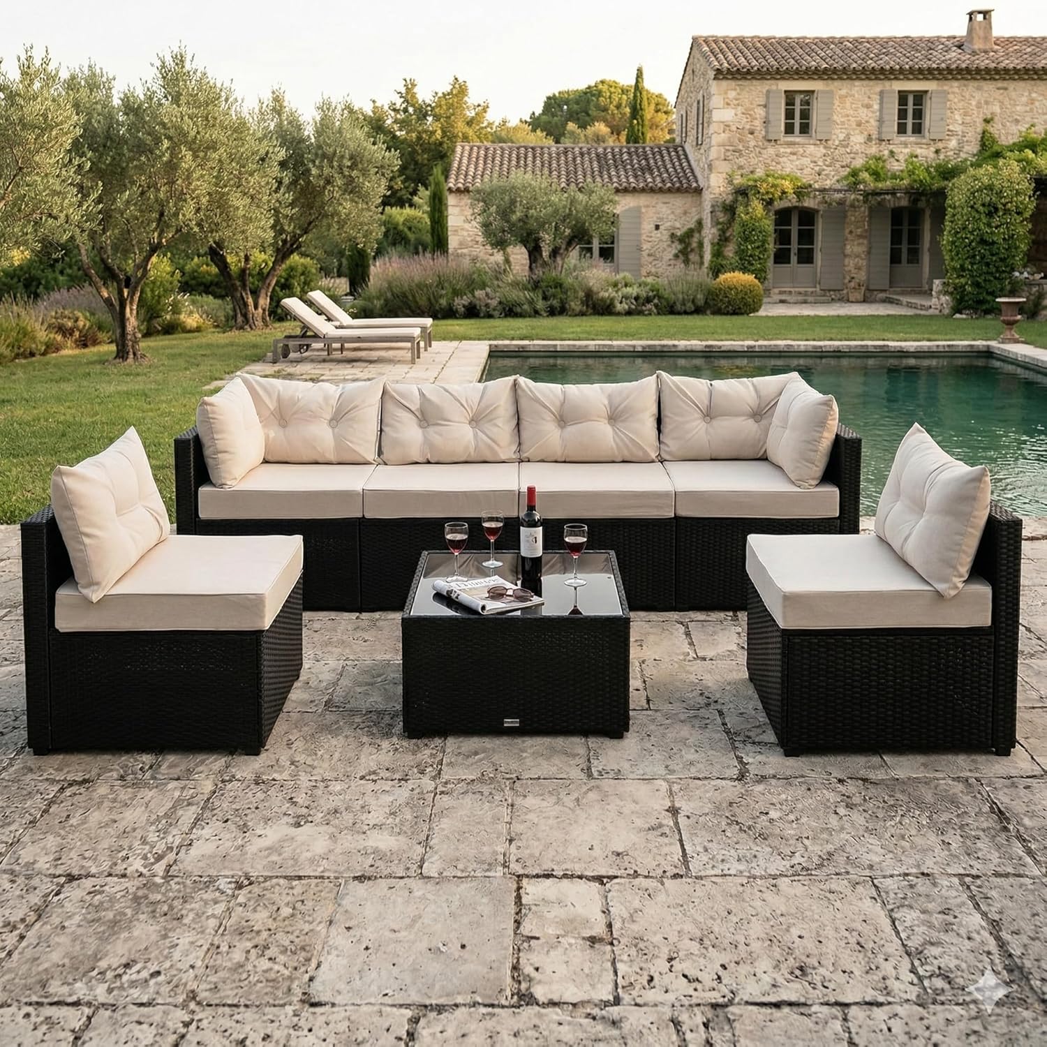 etevert - NACULA - Salon de jardin 5 places, résine tressée, coussins beige, table basse verre, extérieur