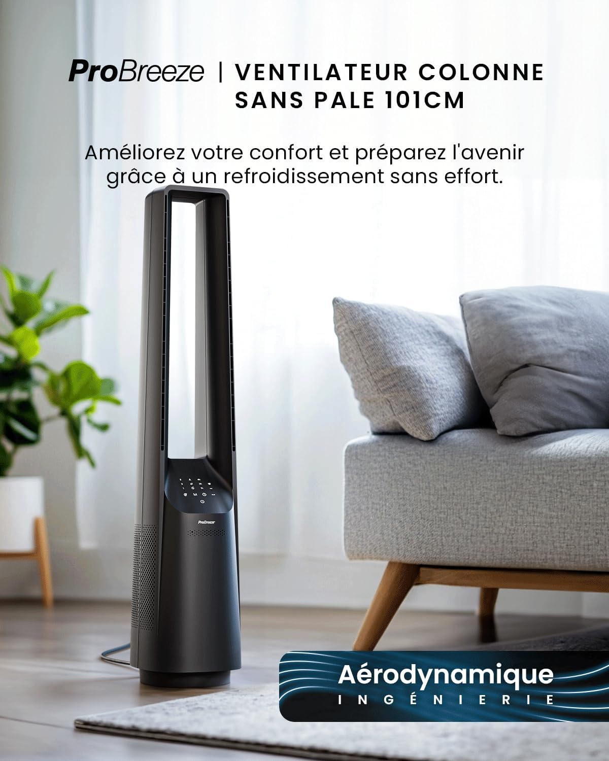 etevert - Ventilateur colonne sans pales - 101 cm - WiFi, ultra silencieux, LED, télécommande, 6 vitesses, 5 modes, o