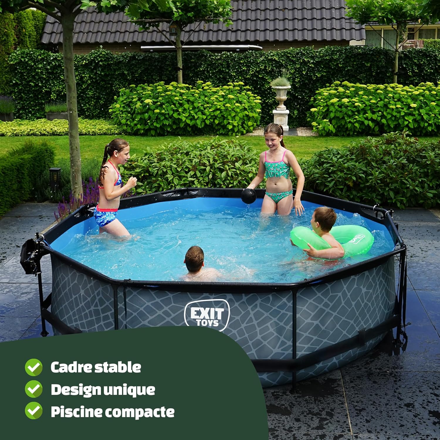 etevert Piscine Tubulaire Stone - ø300x76cm - Piscine Hors Sol Ronde avec Pompe Filtrante à Cartouche - Entrée Basse - Idéal pour Les Jeunes Enfants - Cadre Stable - Design Unique - Gris
