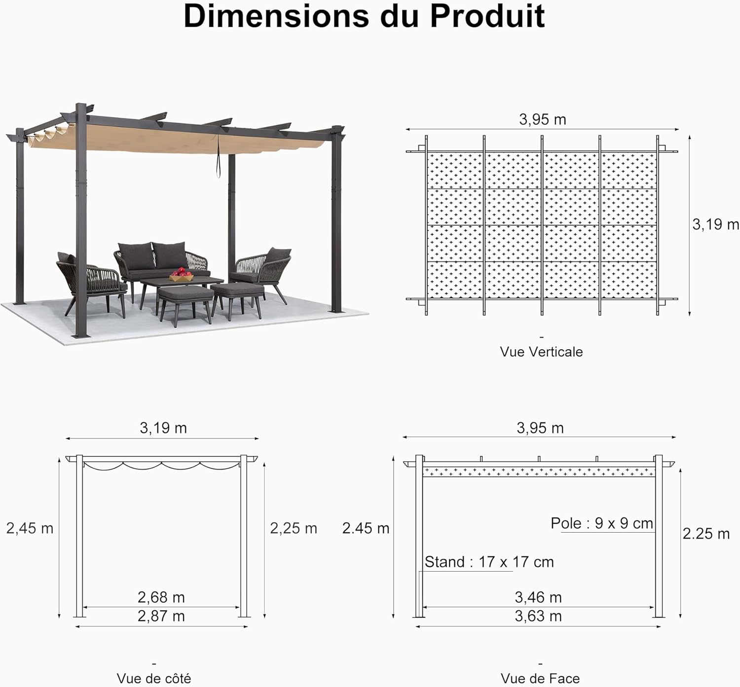etevert - pergola aluminium série - 4x3,2m - toile teintée, toit coulissant, kaki