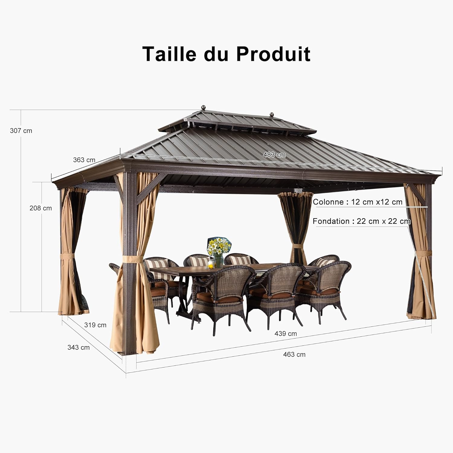 etevert - Pergola toit double 4,85x3,65m acier moustiquaire rideaux