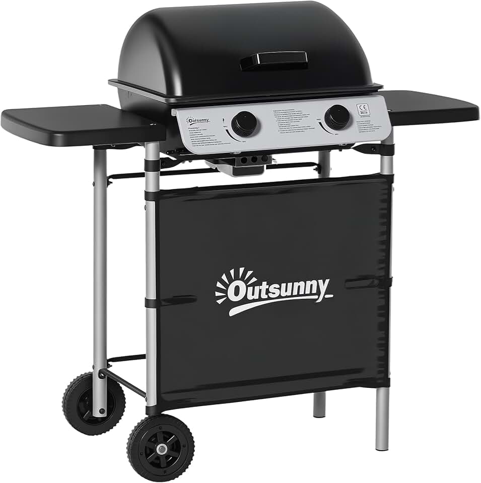 etevert - Barbecue gaz 2 brûleurs inox, 2 grilles, 2,8kW, 2 étagères, 2 roues, noir