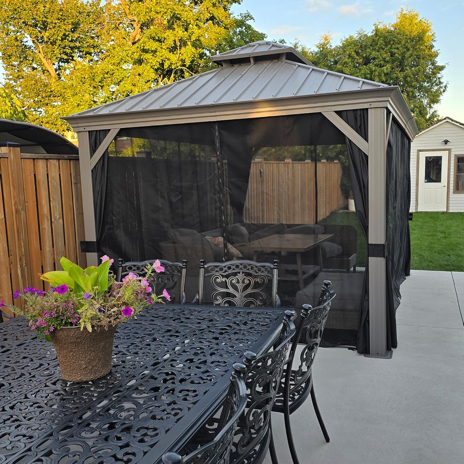 etevert - Tonnelle de Jardin 3x4,25m - aluminium double toit, imperméable, moustiquaire, rideaux