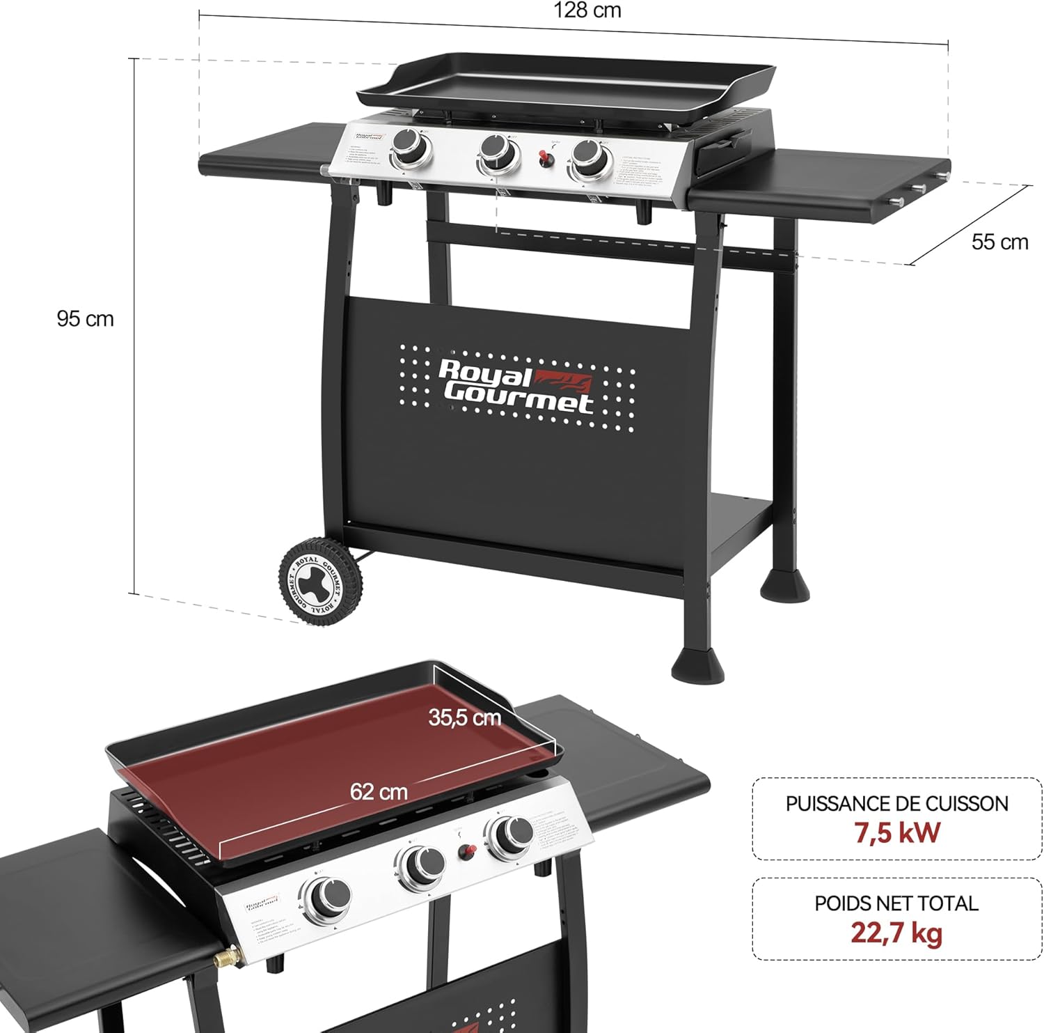 etevert - Plancha sur chariot 62x35,5cm - 3 brûleurs puissants 7,5kW