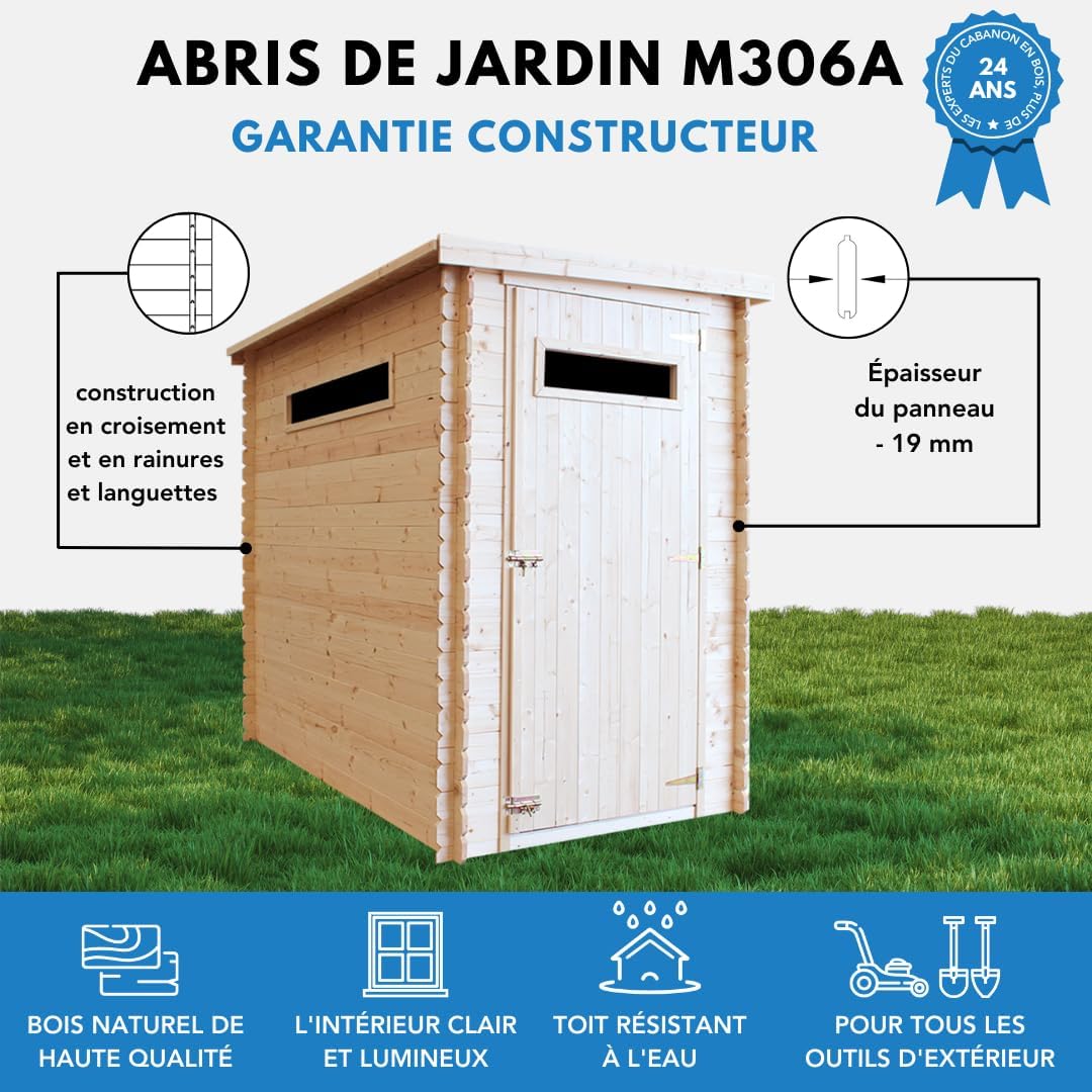 Abri de Jardin en Bois, Petite fenêtre, avec Sol TRAITÉ- Stockage extérieur l239xL144xH198 cm/2.63 m2 - Petit abri à Outils, Local à vélos - Toit imperméable, fenêtres etevert M306A+M306G