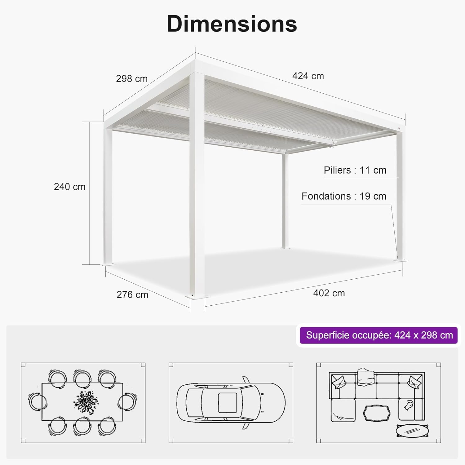 etevert - Pergola bioclimatique 4,24x3m - alu, LED, gouttières, blanc