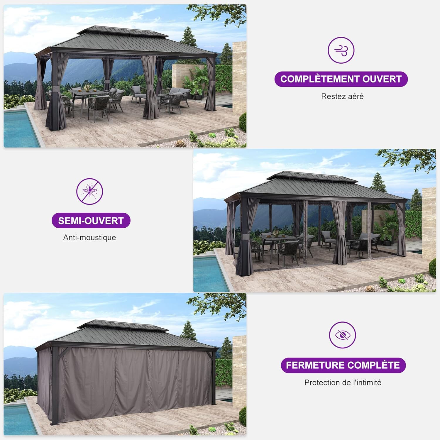 etevert - Pergola double toit acier - 6x3,65m - moustiquaire, rideaux, gouttière, poteaux renforcés