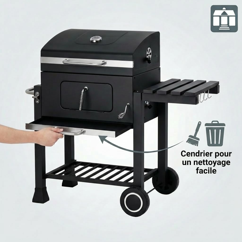 etevert - Memphis - acier, grille, tablette pliable, roulettes, thermomètre, bac à cendres