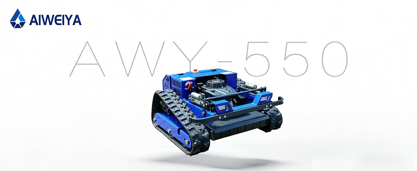 Le texte indique « etevert » et « AW-550 ». Véhicule robotique à chenilles bleu avec des marches en forme de char, représenté en perspective 3D sur fond blanc. Image de présentation du produit technique.