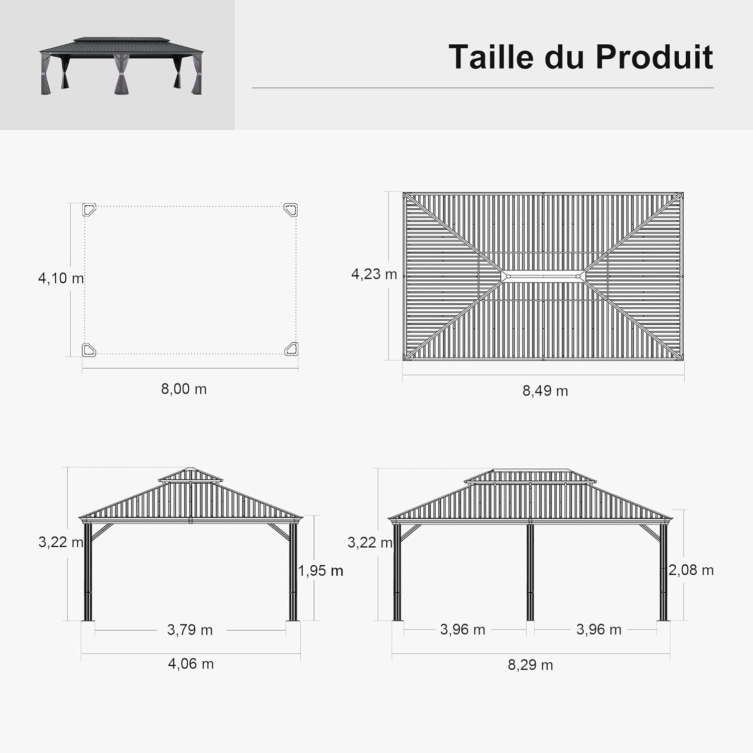 etevert - tonnelle extérieure - 8,5x4,25m - toit acier, rideaux, moustiquaire