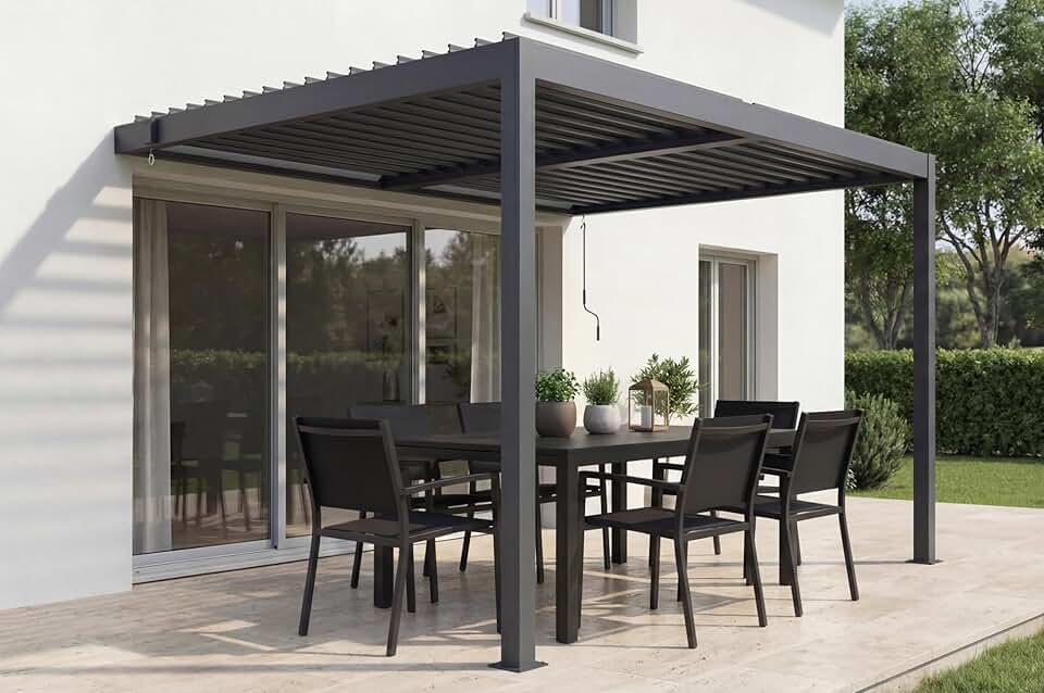 etevert - Piana 3x2m - pergola adossée aluminium, gris, 1 persienne